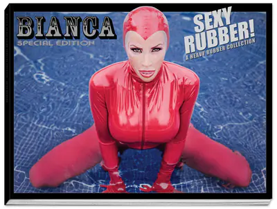 Bianca Beauchamp in red latex by a pool on the cover of a special-edition photo book