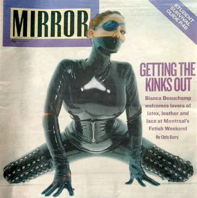 Bianca Beauchamp in latex on the front page of the Montreal Mirror