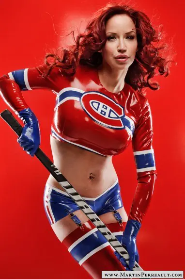 Bianca Beauchamp in latex in the colours of the Montreal Canadiens, with a hockey stick