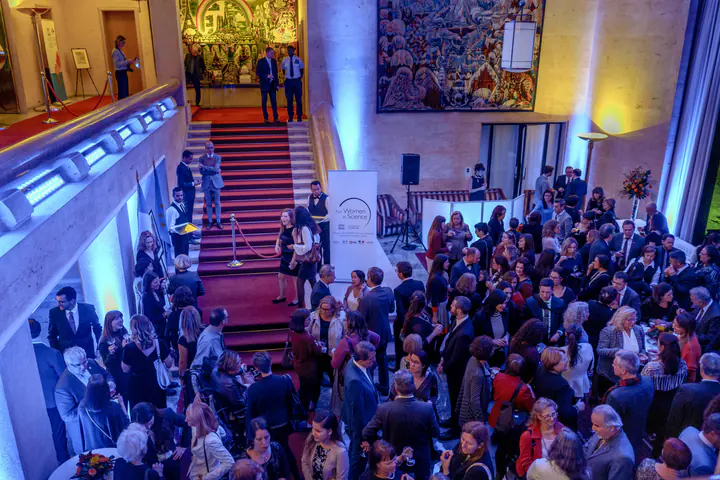 Guests on the grand staircase and in the hall, seen from above
