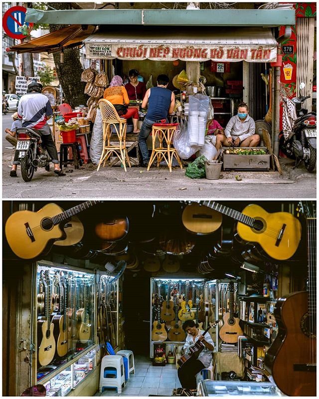 Scenes from #saigon,#vietnam.  TOP:  hybrid between #streetfood and small restaurant.  BOTTOM: Duy Ngnoc the Luthier on #guitarstreet  where I bought myself a guitar to accompany me on this #roadtrip