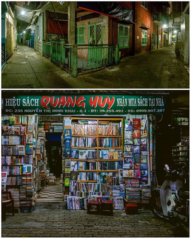 Night scenes from #saigon.  TOP:  The very narrow back alleys are incredibly atmospheric, hot, and humid - and very deserted.  Those are the homes of many of the huge city's population.  BOTTOM:  This book store attracted my eye for its endless colors and textures, a common theme in Vietnam.#vietnam #backpacking